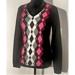 Croft & Barrow Harlequin Pink and Black V-Neck Sweater, Small